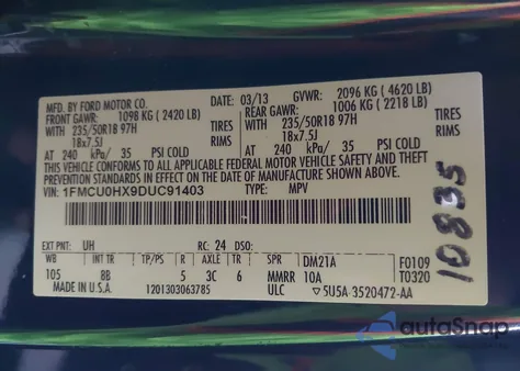 2013 Ford Escape Sel from USA, damaged, VIN 1FMCU0HX9DUC91403